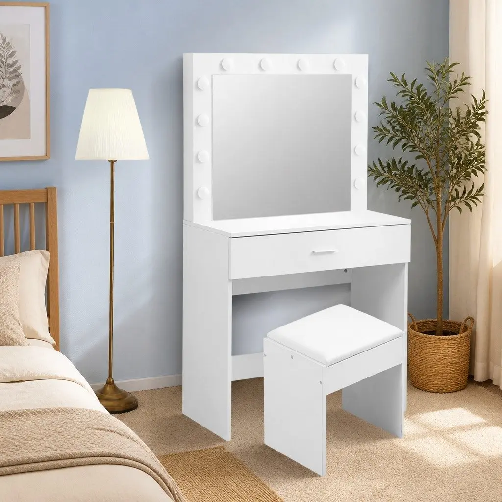 Dressing Table Set MDF Board LED Mirror White Makeup Vanity Stool Storage Drawers