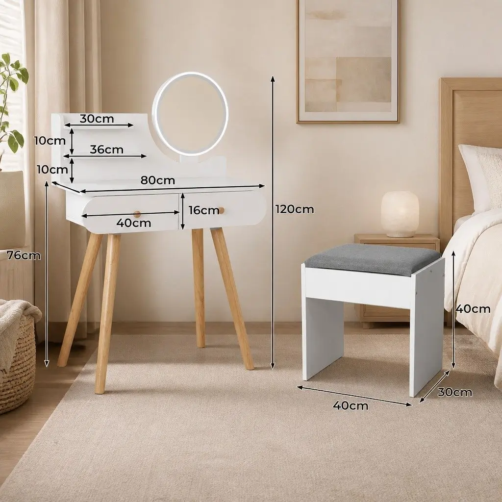 Dressing Table with LED Mirror Stool Vanity Makeup Desk 2 Drawers Shelves White