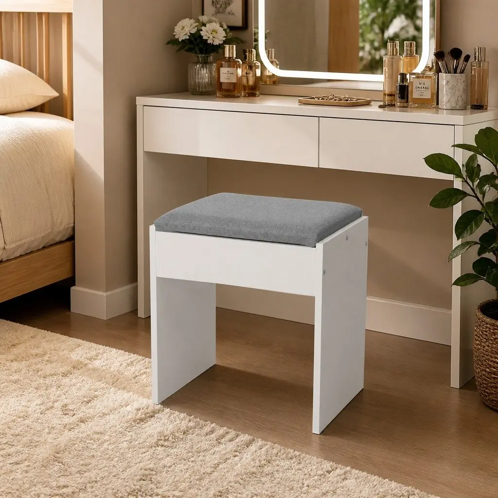Dressing Table with LED Mirror Stool Vanity Makeup Desk 2 Drawers Shelves White