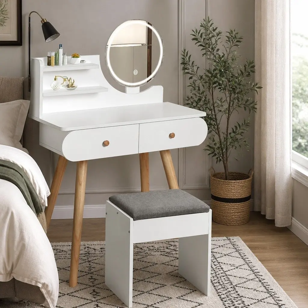 Dressing Table with LED Mirror Stool Vanity Makeup Desk 2 Drawers Shelves White