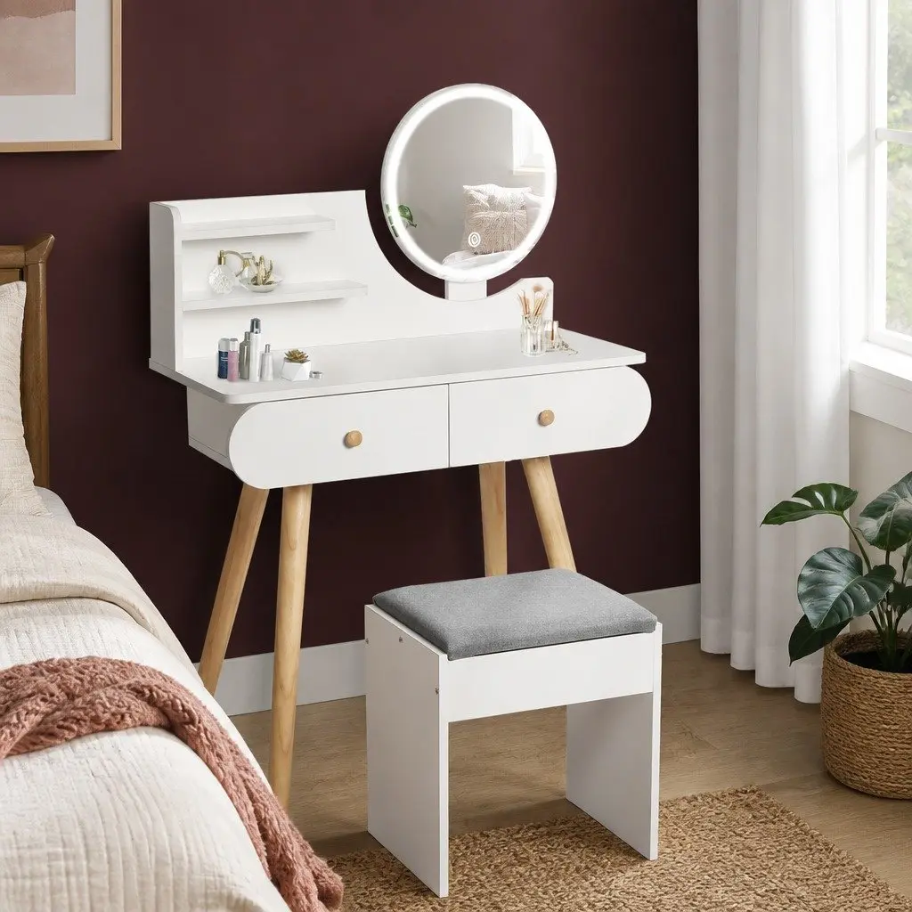 Dressing Table with LED Mirror Stool Vanity Makeup Desk 2 Drawers Shelves White