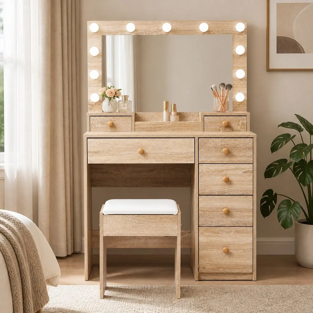 Dressing Table Set Oak LED Mirror Makeup Vanity with 7 Drawers and Stool