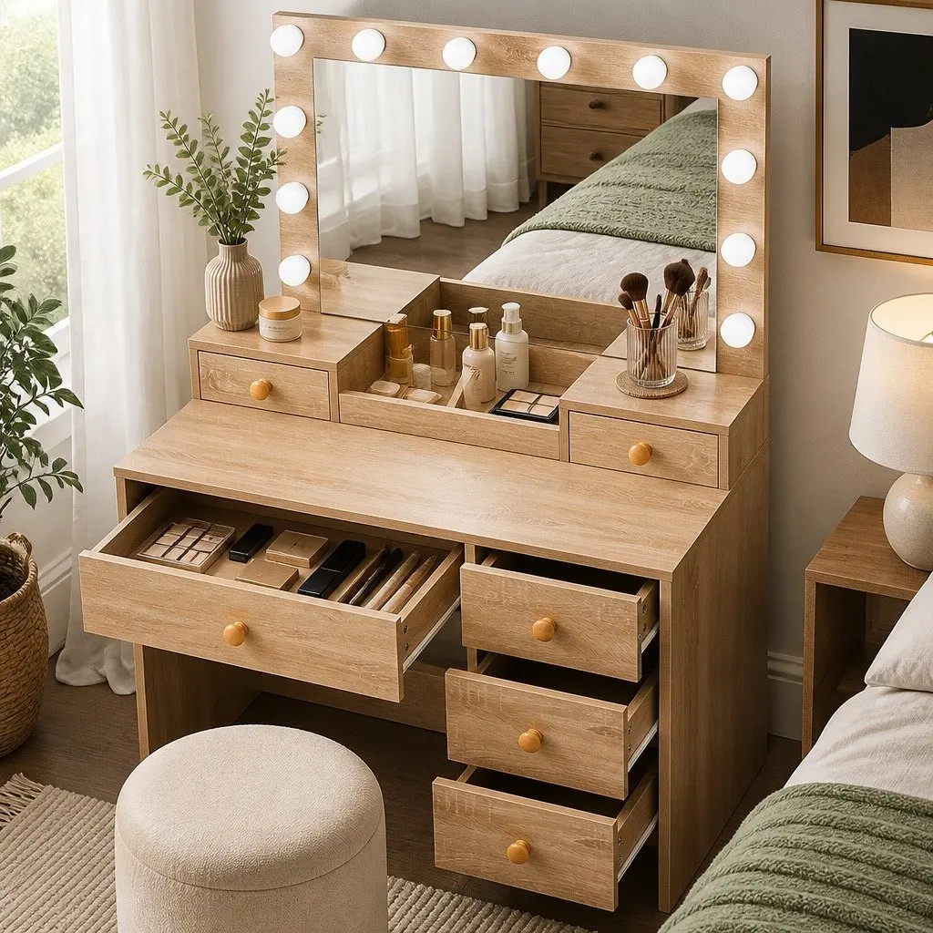 Dressing Table Set Oak LED Mirror Makeup Vanity with 7 Drawers and Stool