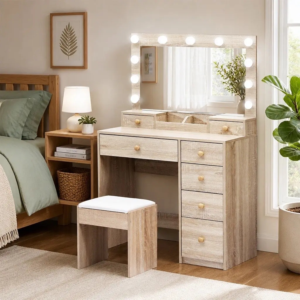 Dressing Table Set Oak LED Mirror Makeup Vanity with 7 Drawers and Stool