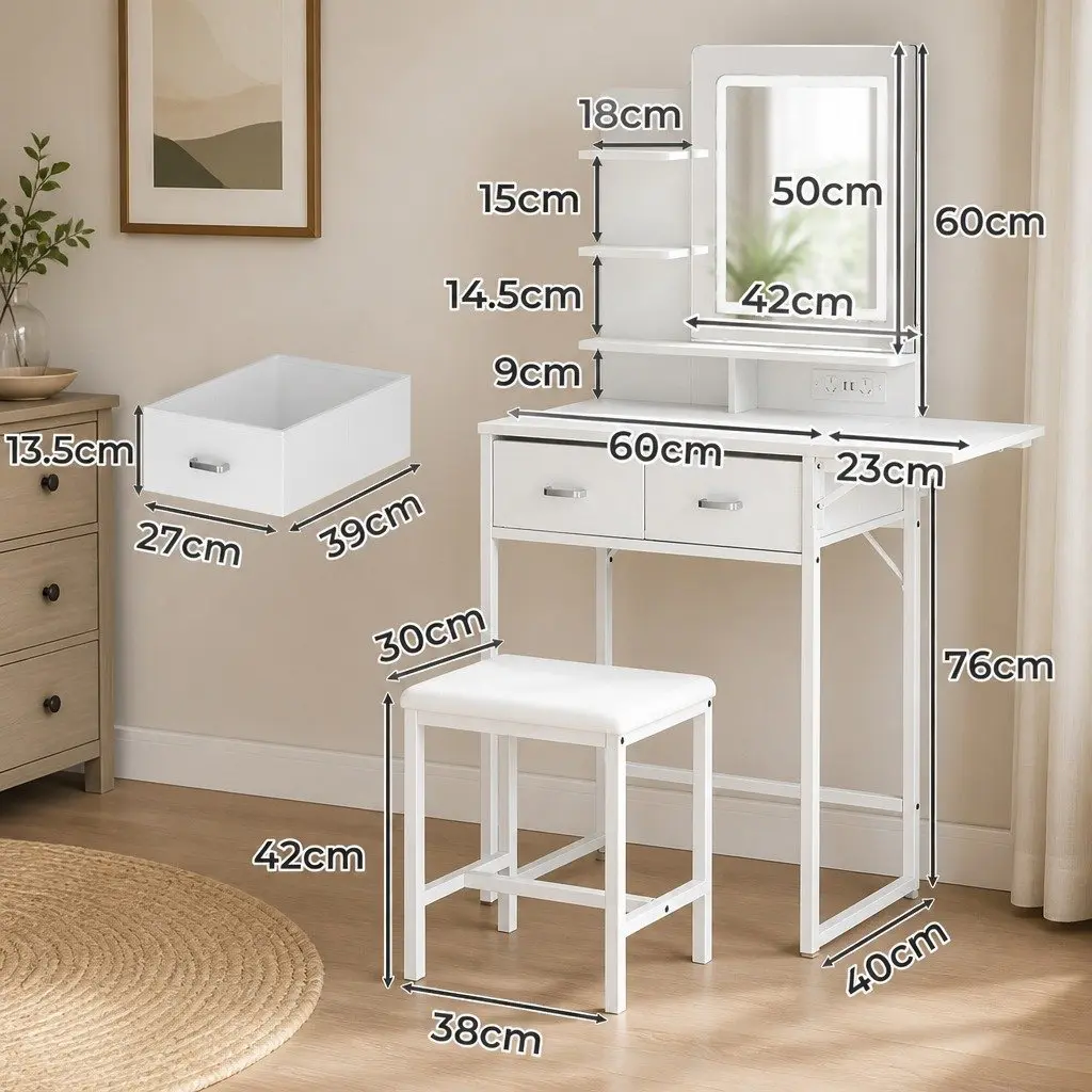 Vanity Desk with LED Mirror and Foldable Side Panel Padded Stool Storage White
