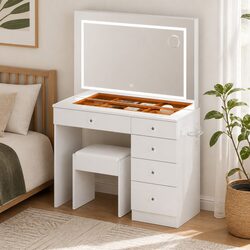 LED Dressing Table Vanity Desk Makeup Mirror Stool Set 5 Storage Drawers White