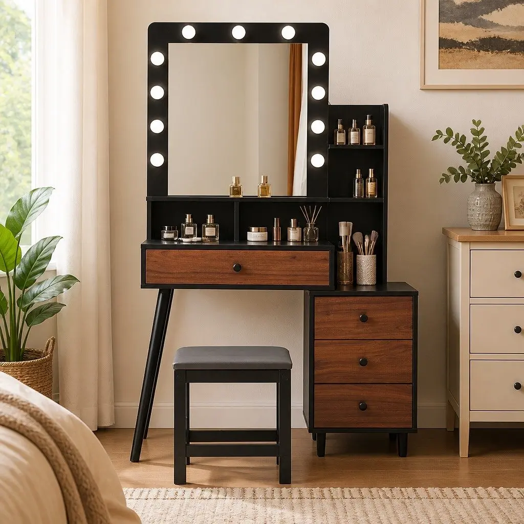 Dressing Table Stool Set LED Mirror Storage Drawer Bedroom Black Brown