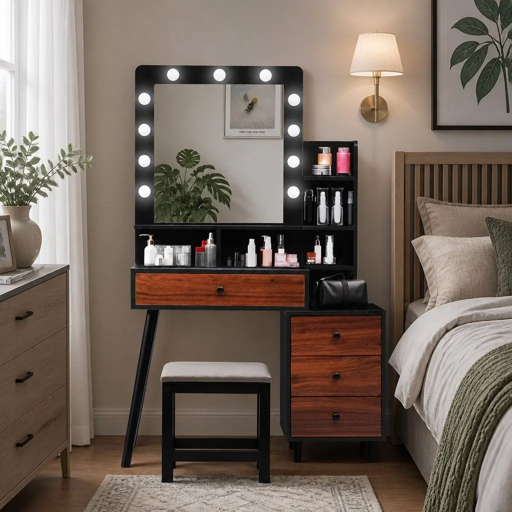 Dressing Table Stool Set LED Mirror Storage Drawer Bedroom Black Brown