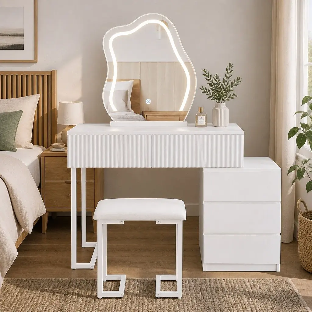 Dressing Table Set with LED Mirror and Stool White Particle Board and Steel 80cm x 40cm x 131cm