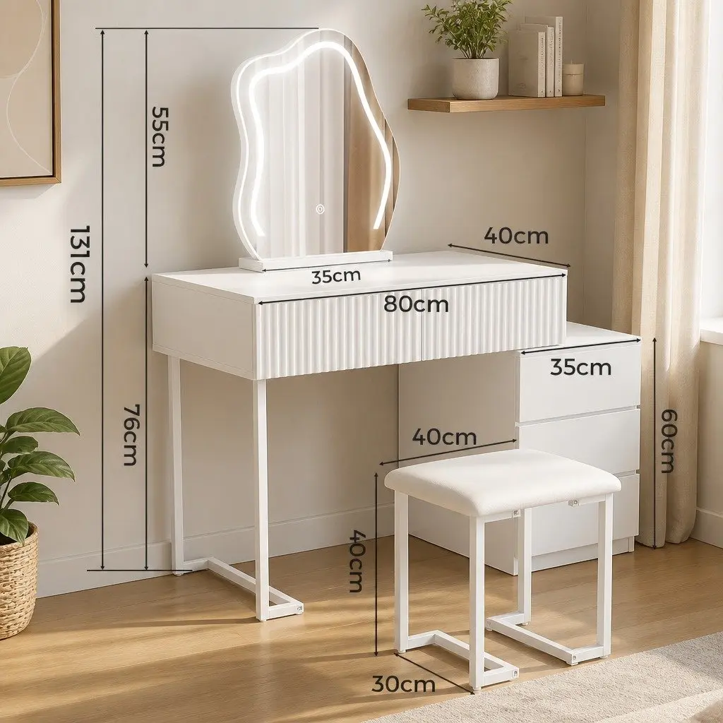 Dressing Table Set with LED Mirror and Stool White Particle Board and Steel 80cm x 40cm x 131cm
