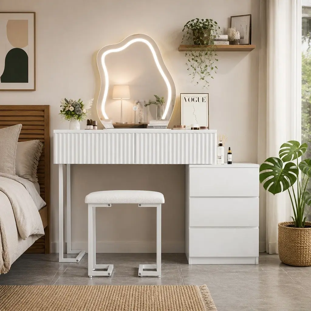 Dressing Table Set with LED Mirror and Stool White Particle Board and Steel 80cm x 40cm x 131cm