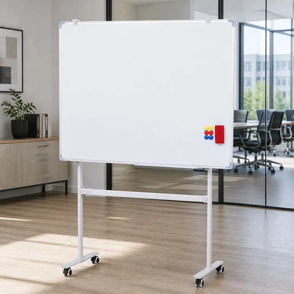 Double-Sided Magnetic Whiteboard Yellow Lockable Wheels 90x120cm Mobile Surface