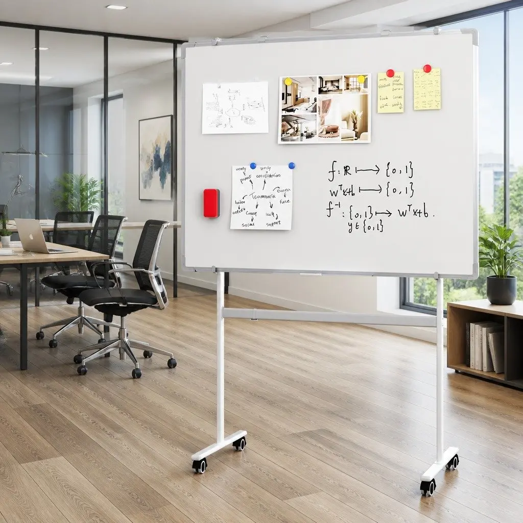 Double-Sided Magnetic Whiteboard Yellow Lockable Wheels 90x120cm Mobile Surface
