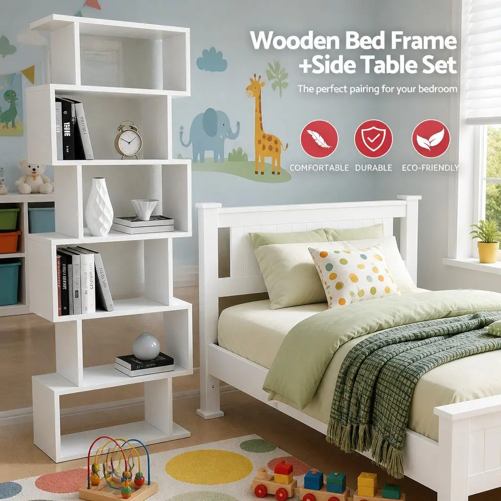 King Single Bed Frame Pine Wood with S-Shape Display Bookshelf Storage White
