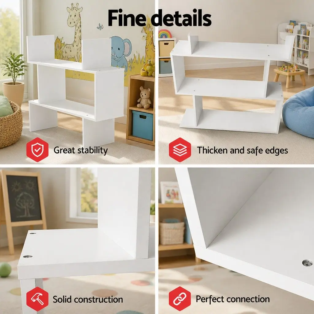King Single Bed Frame Pine Wood with S-Shape Display Bookshelf Storage White