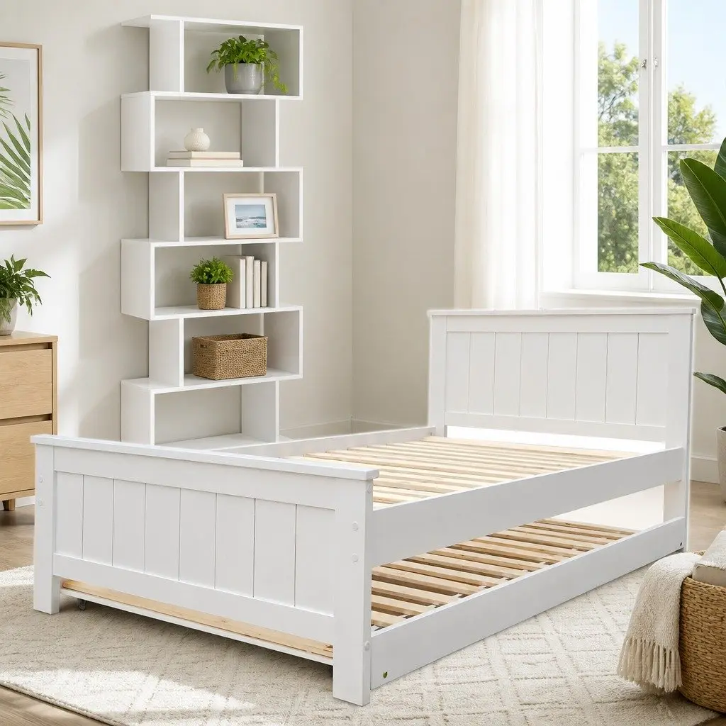 King Single Bed Frame Pine Wood with Pull-Out Trundle and 6-Tier Display Shelf White