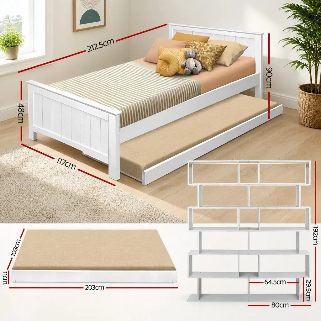 King Single Bed Frame Pine Wood with Pull-Out Trundle and 6-Tier Display Shelf White