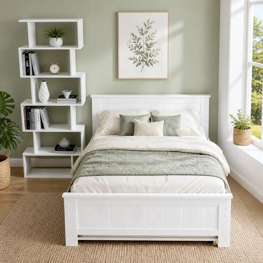 King Single Bed Frame Pine Wood with Pull-Out Trundle and 6-Tier Display Shelf White