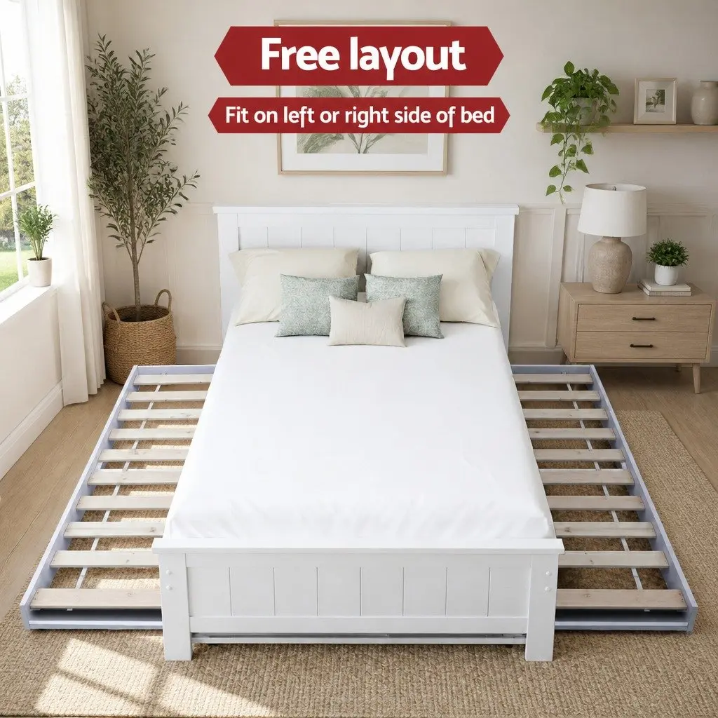 King Single Bed Frame Pine Wood with Pull-Out Trundle and 6-Tier Display Shelf White