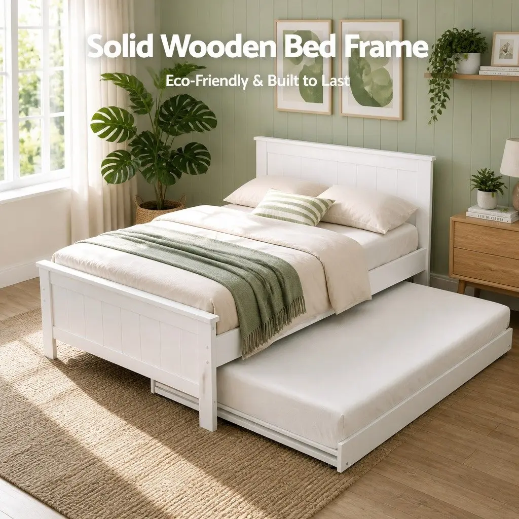 King Single Bed Frame Pine Wood with Pull-Out Trundle and 6-Tier Display Shelf White