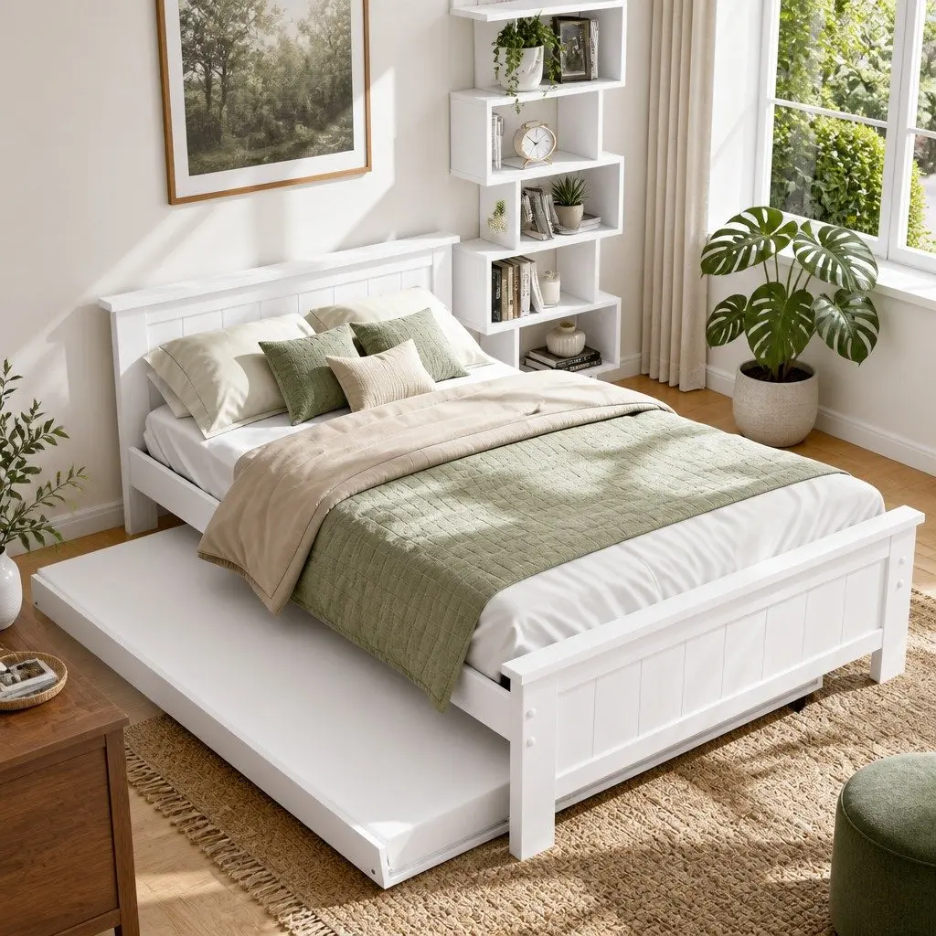 King Single Bed Frame Pine Wood with Pull-Out Trundle and 6-Tier Display Shelf White