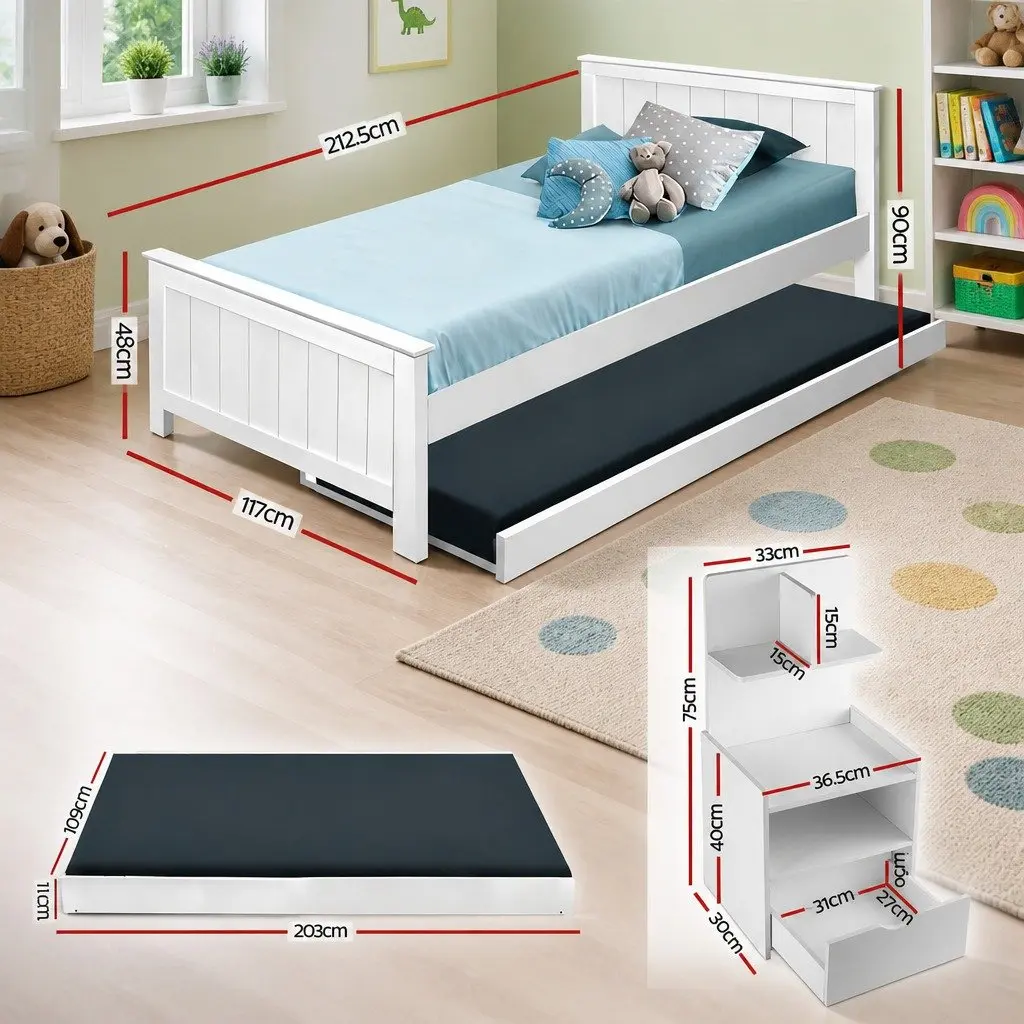 King Single Trundle Bed Frame with Bedside Table and Storage Shelves Pine Wood White
