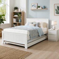 King Single Bed Frame with Pull-Out Trundle and Bedside Table Storage White