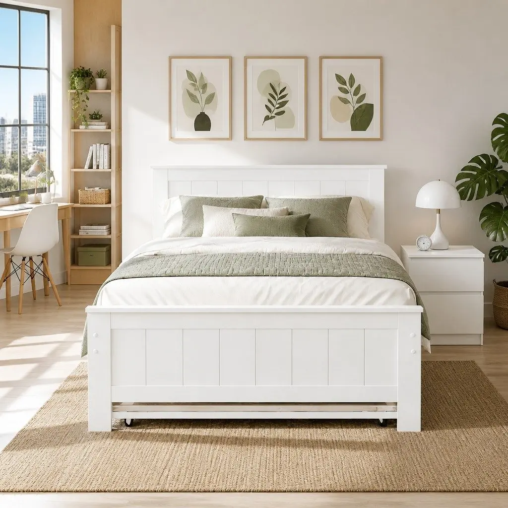 King Single Bed Frame Pine Wood with Pull-Out Trundle and Bedside Table Storage White