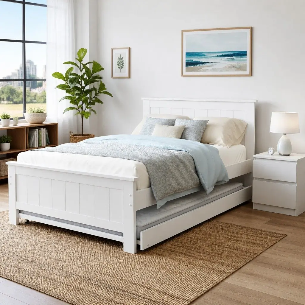 King Single Bed Frame Pine Wood with Pull-Out Trundle and Bedside Table Storage White