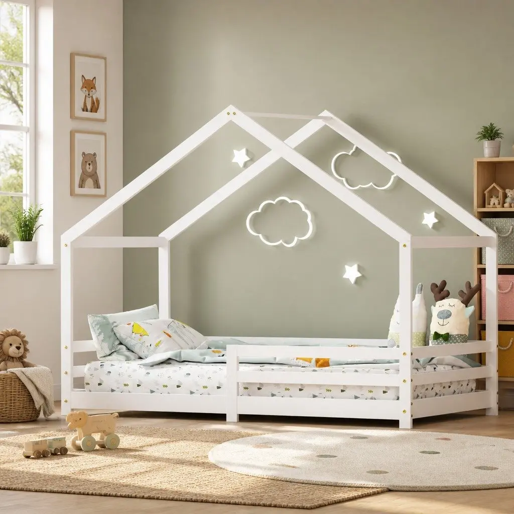 Kids Bed Frame House Shaped Solid Pine Wood White Australian Single Size