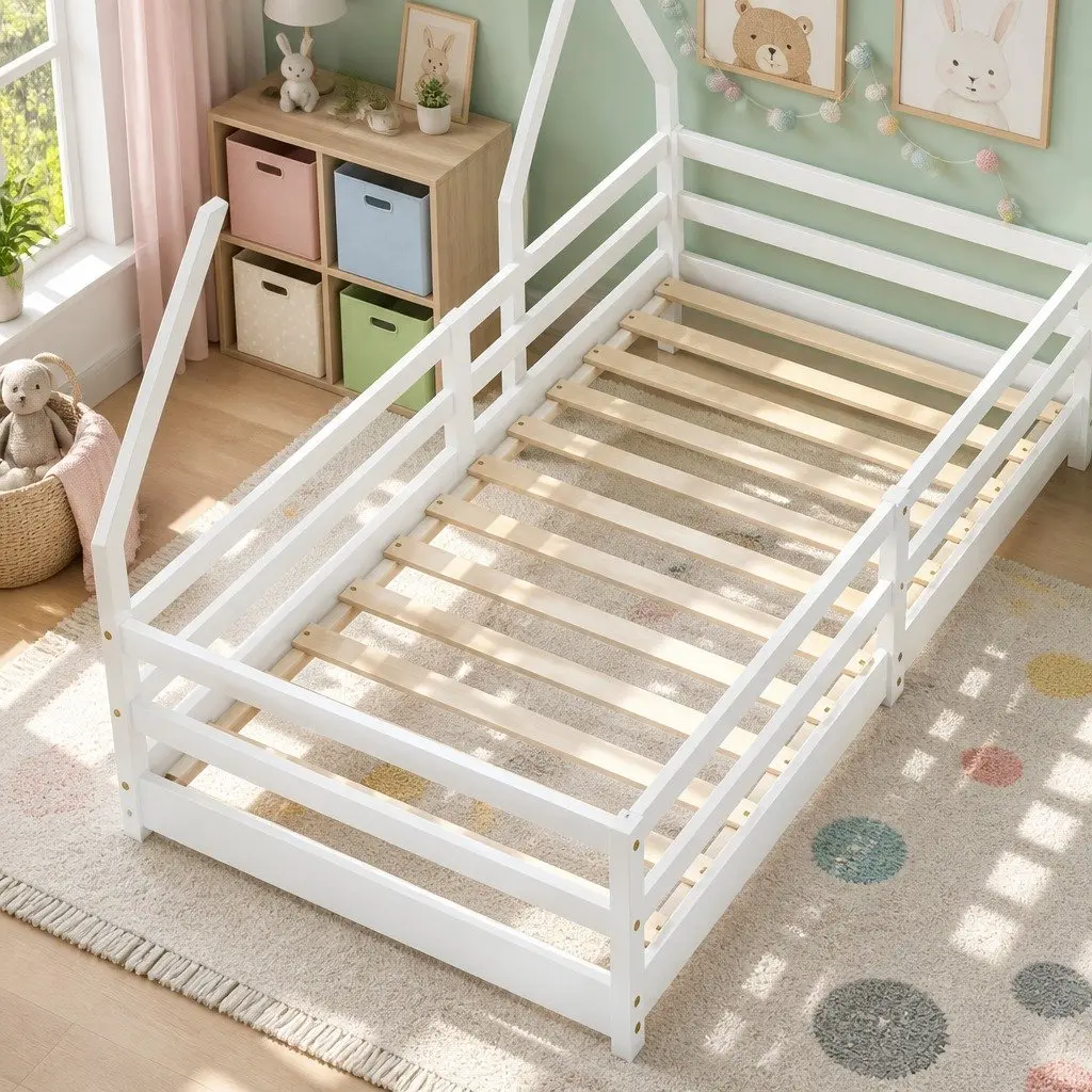 Kids Bed Frame House Shaped Solid Pine Wood White Australian Single Size