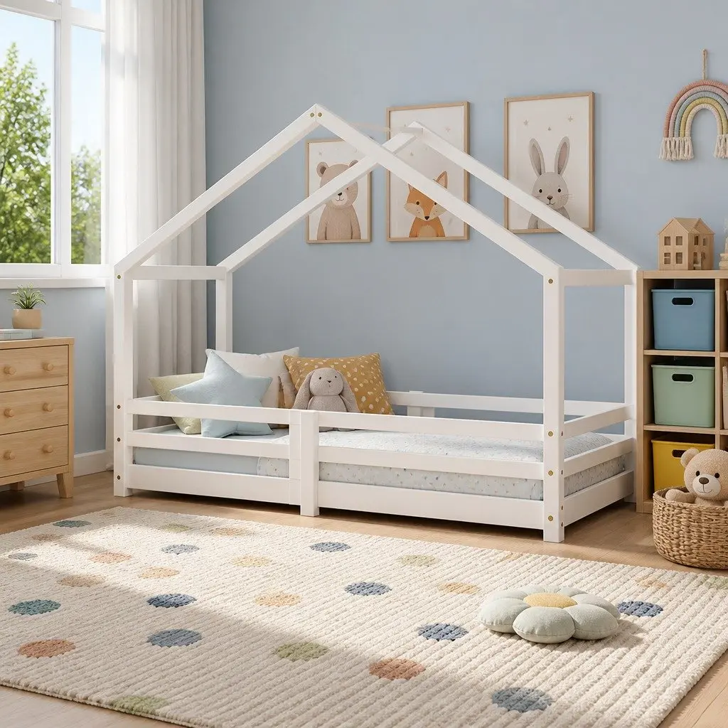 Kids Bed Frame House Shaped Solid Pine Wood White Australian Single Size