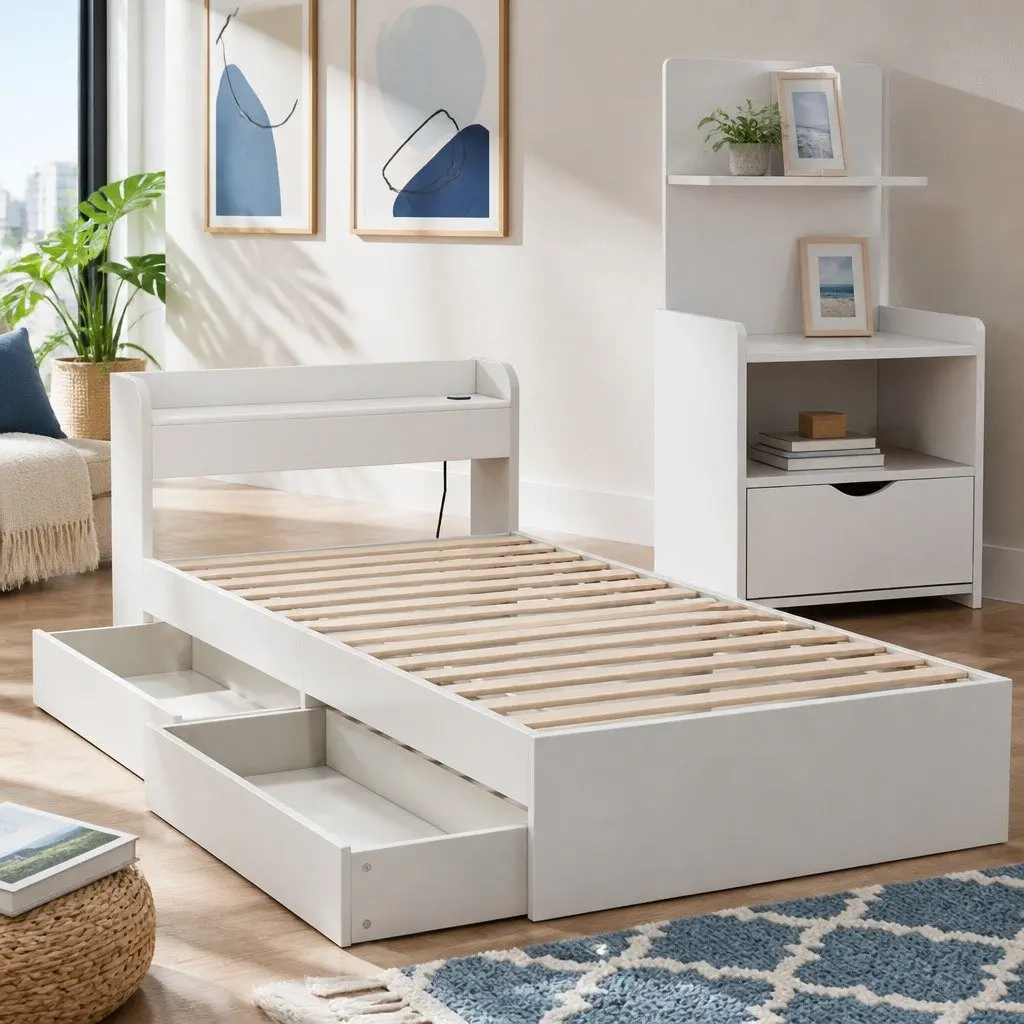 Single Bed Frame with USB Charging Ports and Bedside Table with Storage Shelves White
