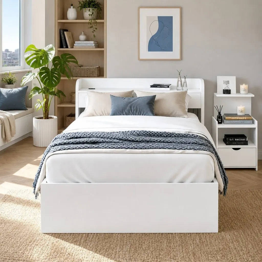 Single Bed Frame with USB Charging Ports and Bedside Table with Storage Shelves White