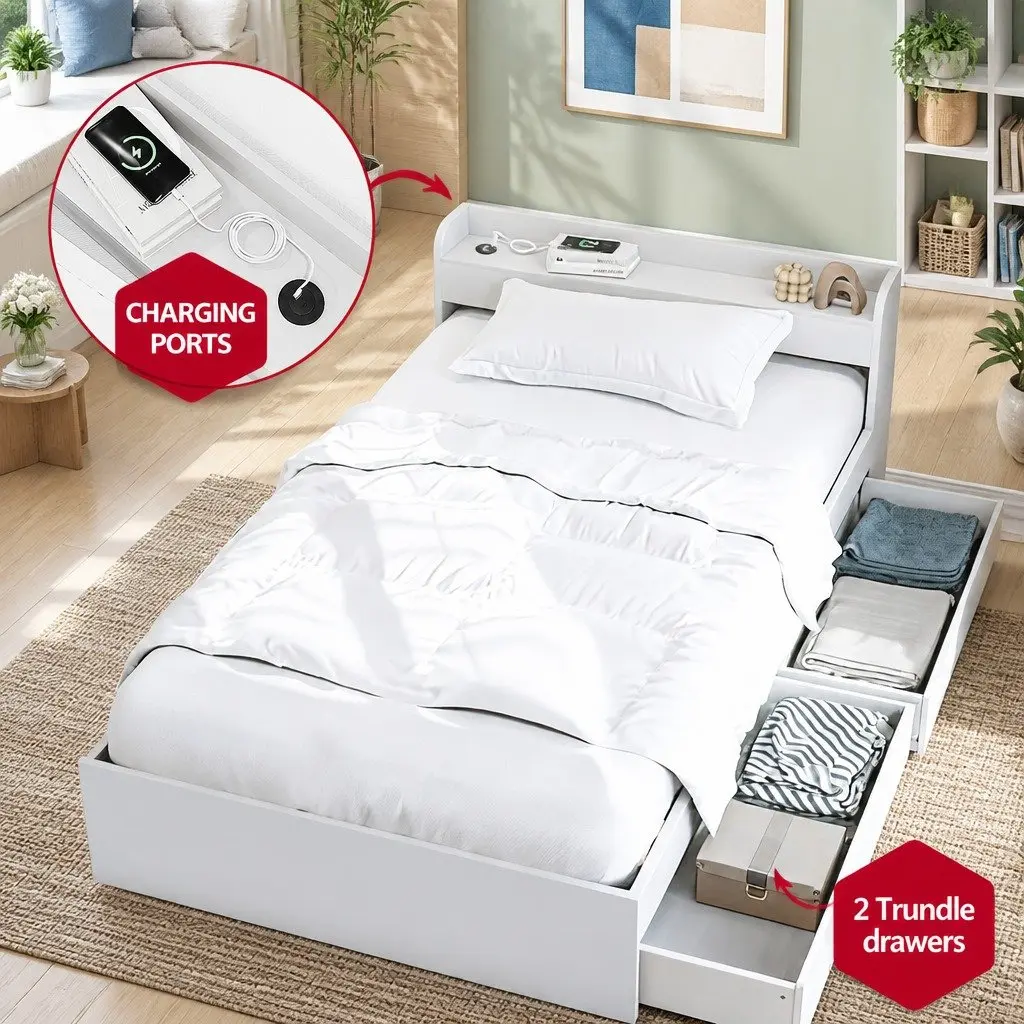 Single Bed Frame with USB Charging Ports and Bedside Table with Storage Shelves White
