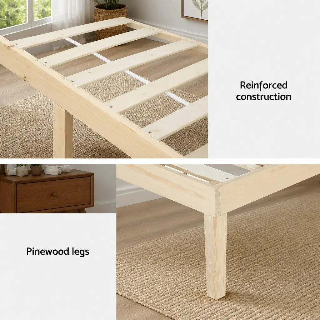 Single Bed Frame Wooden Base Pinewood Slatted Mattress Platform Easy Assembly