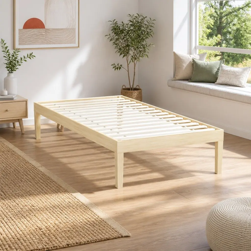 Single Bed Frame Wooden Base Pinewood Slatted Mattress Platform Easy Assembly