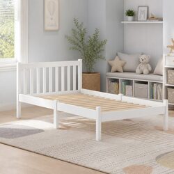 King Single Bed Frame White Wooden Slat Base Headboard Storage Compatible