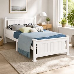 King Single Wooden Bed Frame White Solid Pine Wood Slats Headboard Bedroom