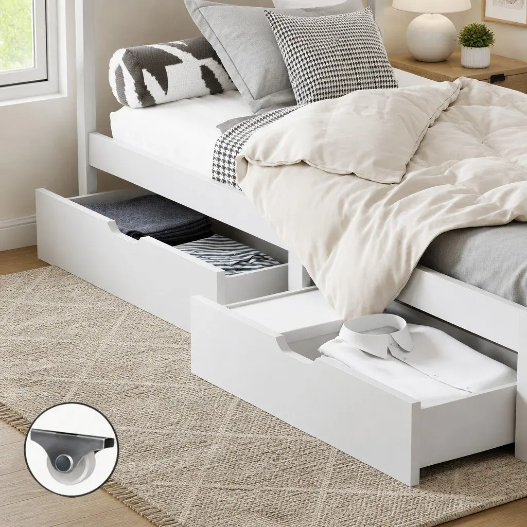 Trundle Drawers Wooden Storage Set 2 Piece White Pine Underbed Drawers with Castors