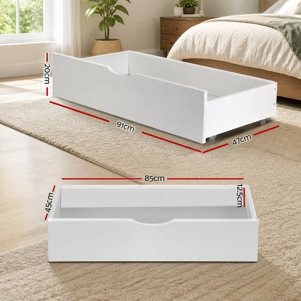 Trundle Drawers Wooden Storage Set 2 Piece White Pine Underbed Drawers with Castors