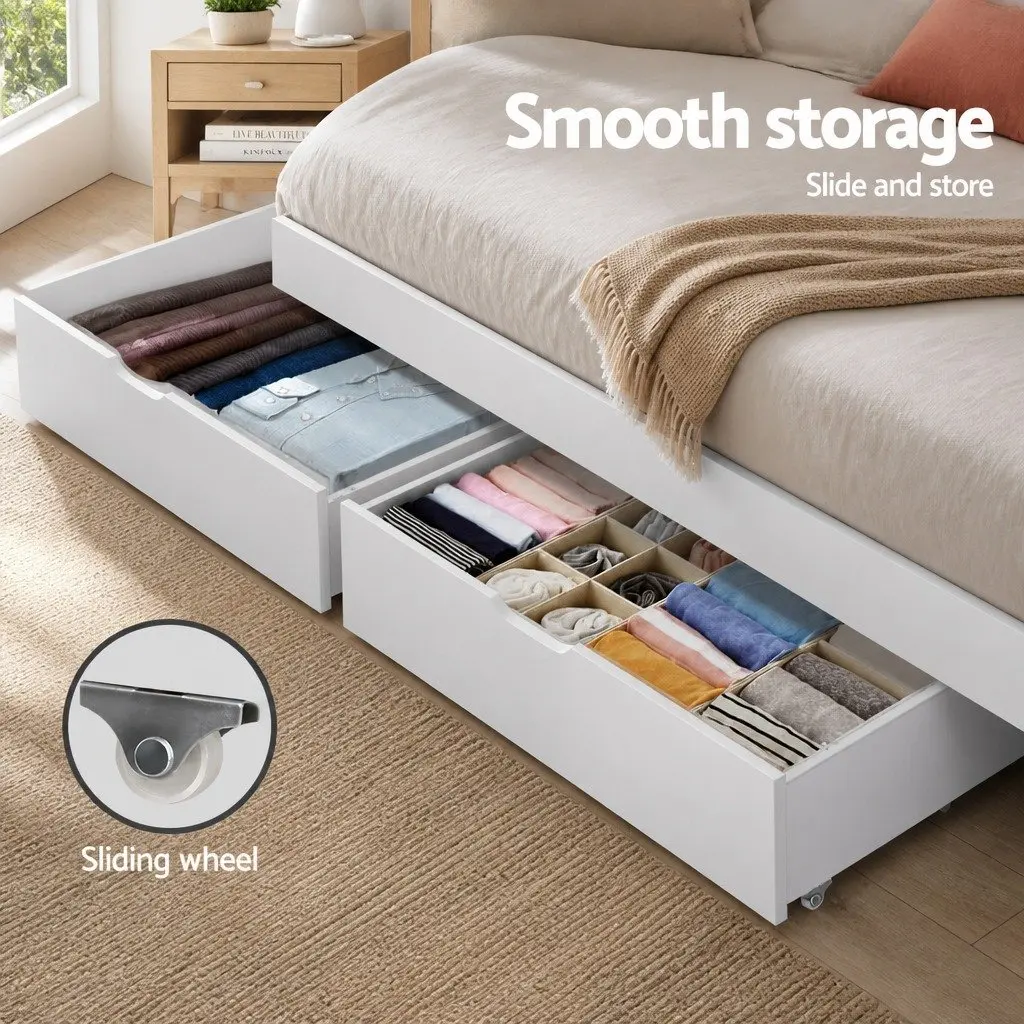 Trundle Drawers Wooden Storage Set 2 Piece White Pine Underbed Drawers with Castors