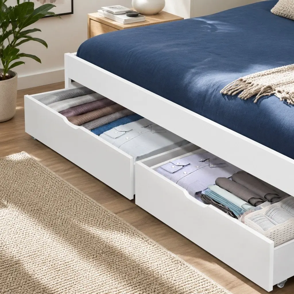 Trundle Drawers Wooden Storage Set 2 Piece White Pine Underbed Drawers with Castors
