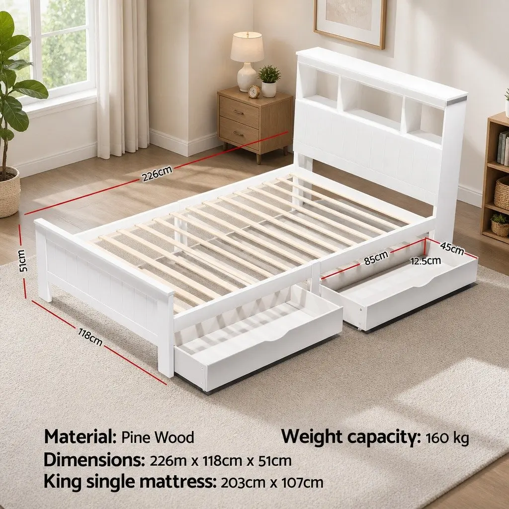 King Single Bed Frame Wooden Storage Drawers White Headboard Shelves