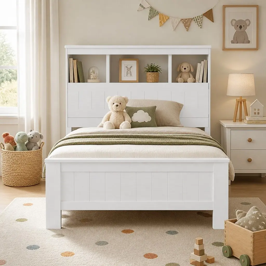 King Single Bed Frame Solid Pine Wood with Storage Headboard White 3 Shelves