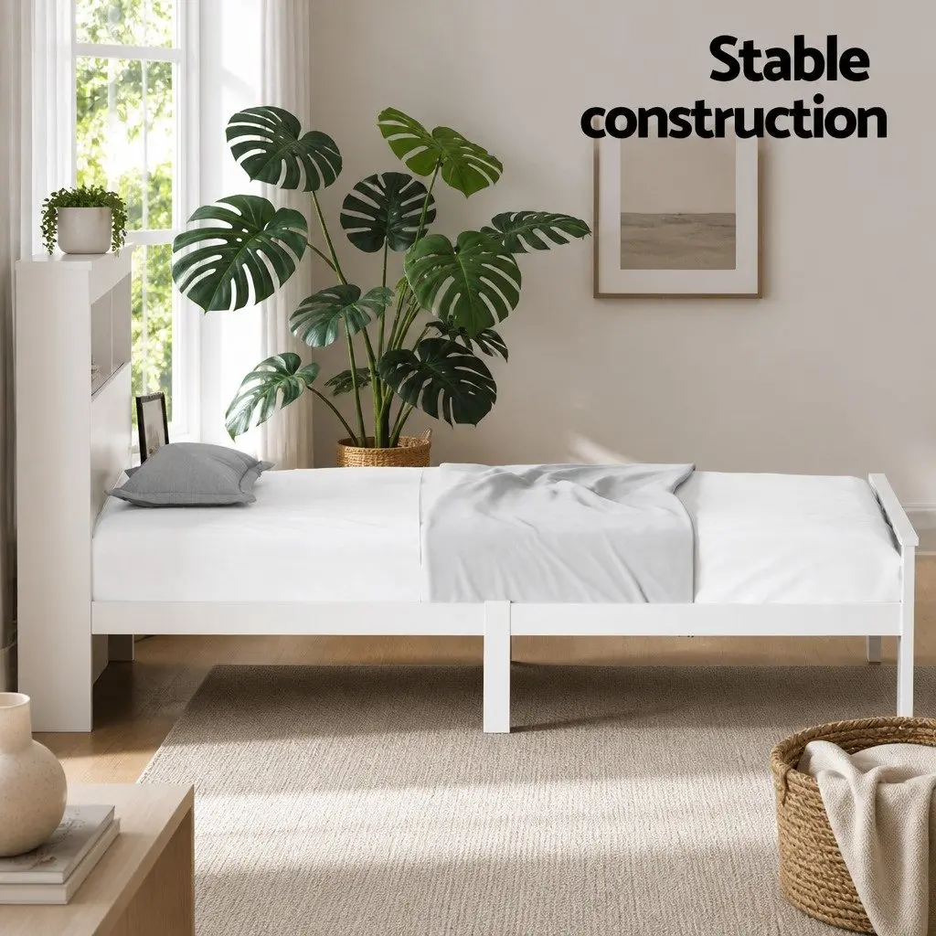 King Single Bed Frame Solid Pine Wood with Storage Headboard White 3 Shelves