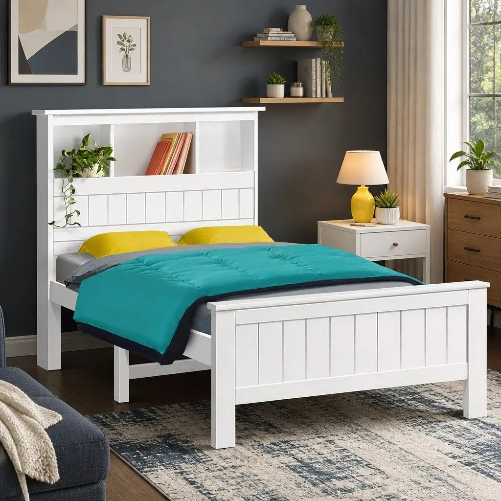 King Single Bed Frame Solid Pine Wood with Storage Headboard White 3 Shelves