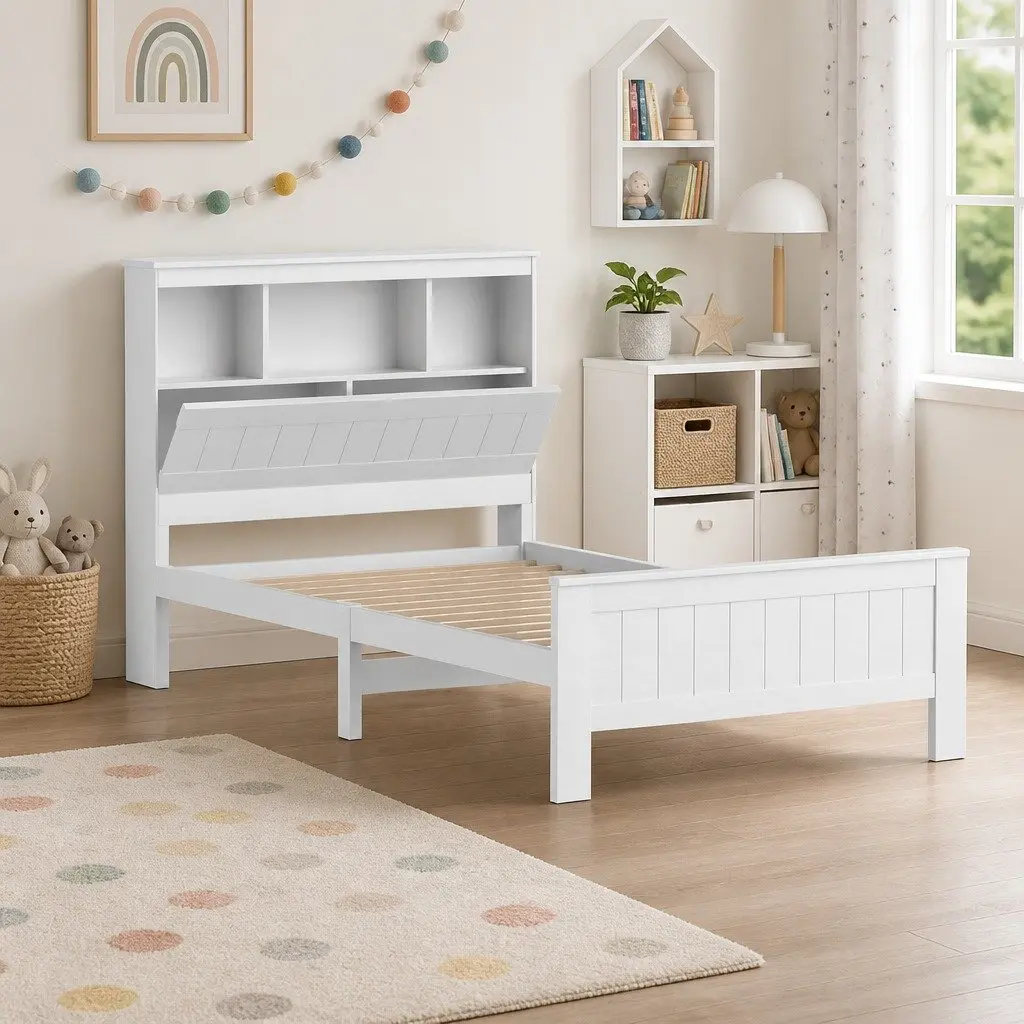 King Single Bed Frame Solid Pine Wood with Storage Headboard White 3 Shelves