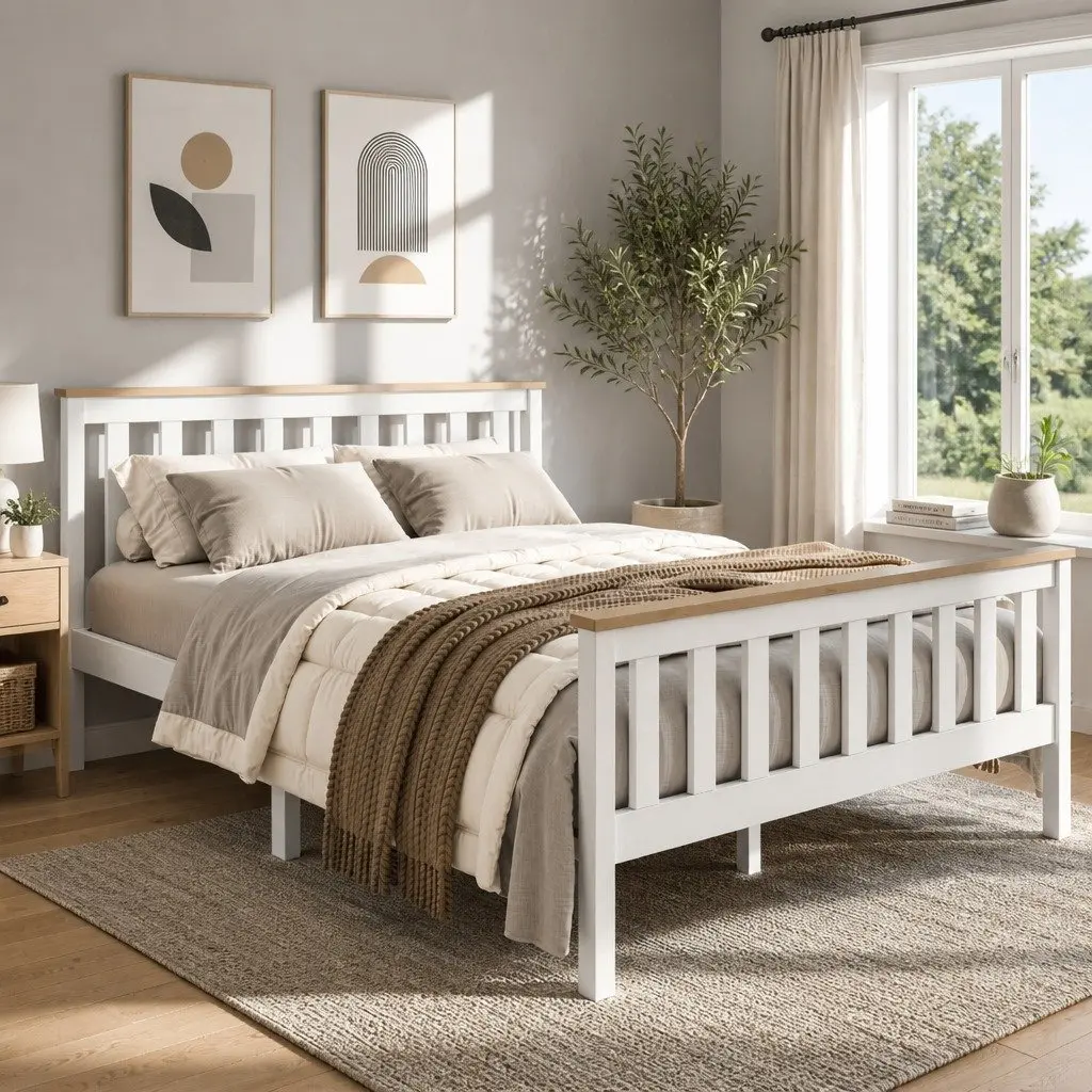Double Bed Frame Wooden Pine White 200cm x 147cm