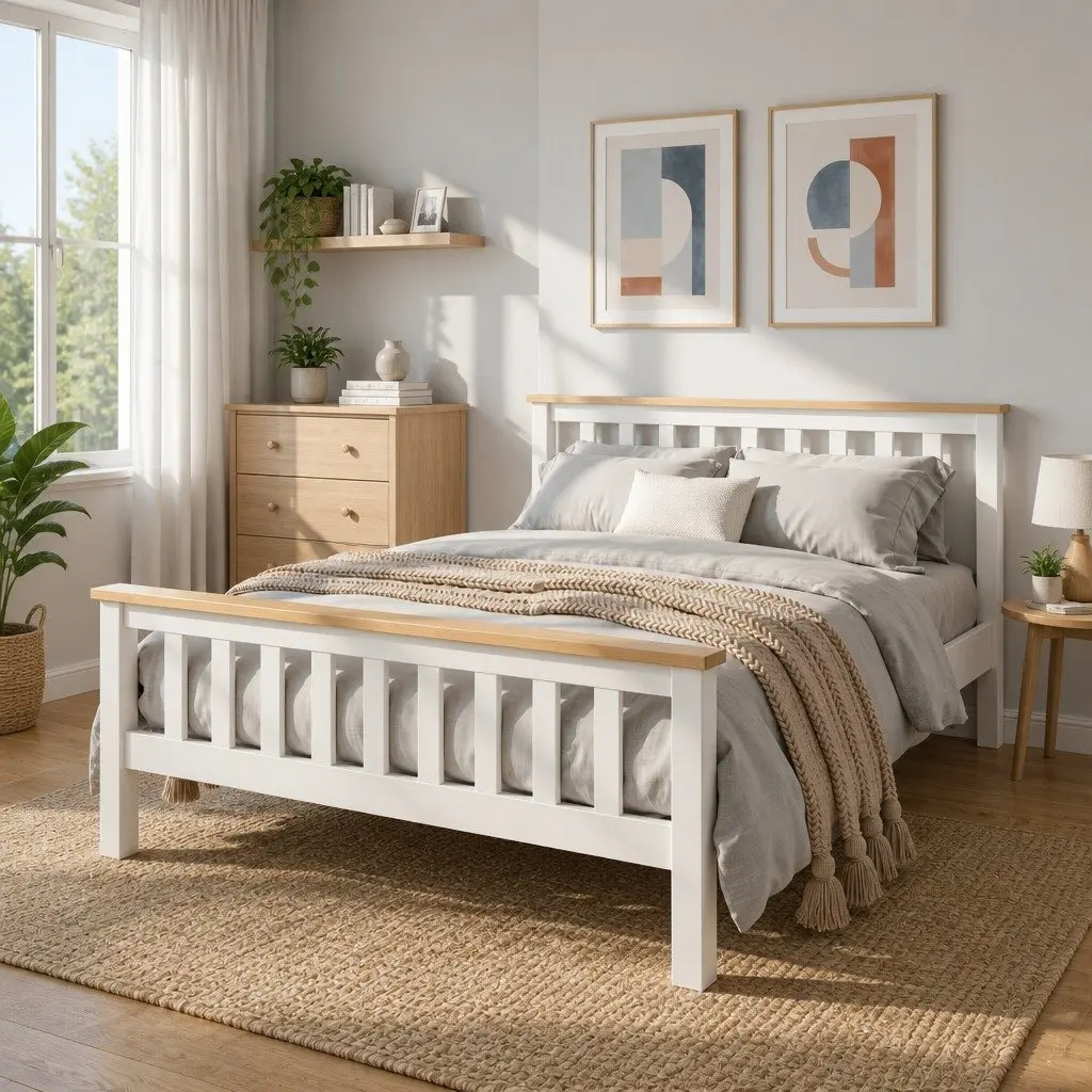 Double Bed Frame Wooden Pine White 200cm x 147cm